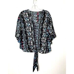 Farktop Women's Floral Blouse V Neck Tie Chiffon Shirt Size M Black Boho
